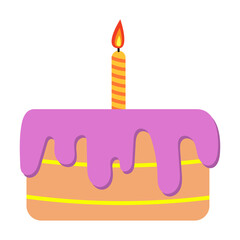 Birthday Cake with Candle Vector Illustration. A birthday cake with a single striped candle on top. The cake is decorated with bright pink icing dripping over the edges.