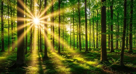 Fototapeta premium Golden sunbeams pierce through a lush green forest canopy