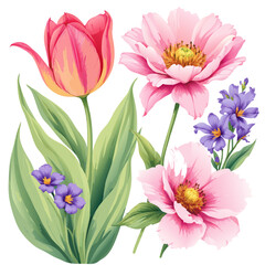 Fototapeta premium Vibrant Watercolor Floral Arrangement of Tulips and Poppies.