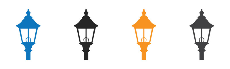 lamp icon set.Lamp light vector icons, signs.solid, silhouette,Vintage street lamp silhouettes in blue black and orange,