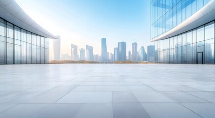 Fototapeta premium 青い空の下の現代的な都市景観 ビルが立ち並び 明るい光の中で反射するガラス構造