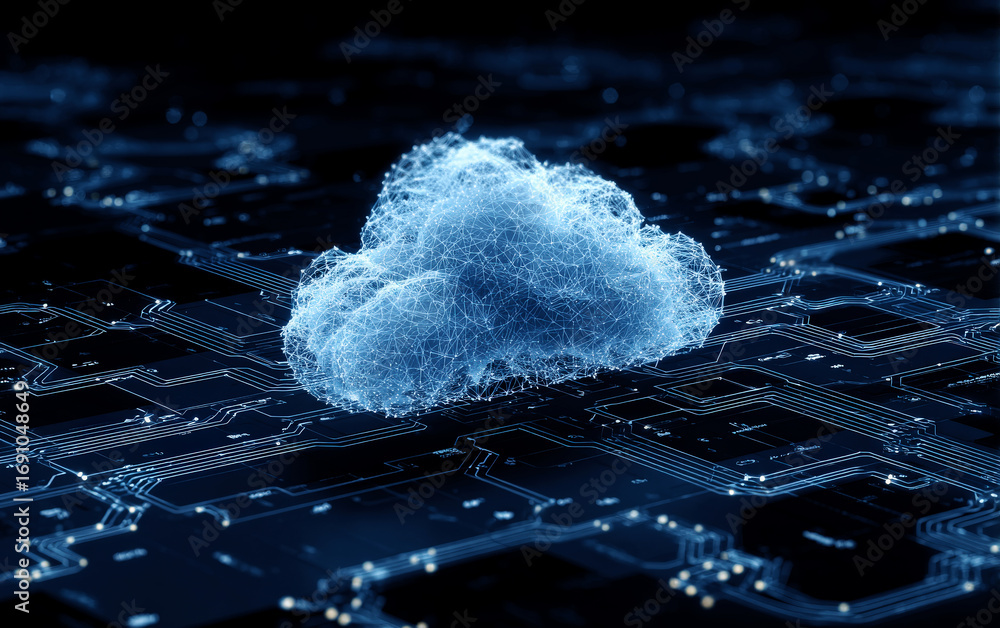 Poster cloud computing concept on circuit board representing digital technology