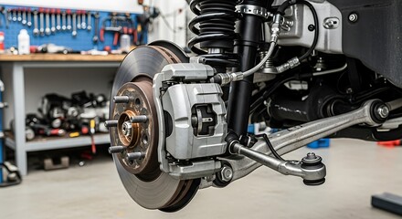 Close up of a car s front suspension and brake system in a workshop
