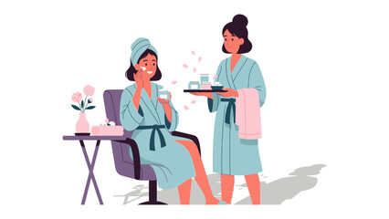 Two smiling women in bathrobes and towels enjoying a spa day with skincare products and a tray of beauty treatments