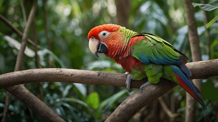 A Red-fan Parrot is resting high on a sunlit perch with its feathers slightly puffed from a midday nap ai