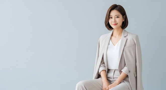 A professional Asian woman in a light grey suit sits confidently against a plain grey background, looking directly at the camera with a slight smile.
