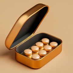 Golden pill box with beige tablets for medication and health supplements on a neutral background