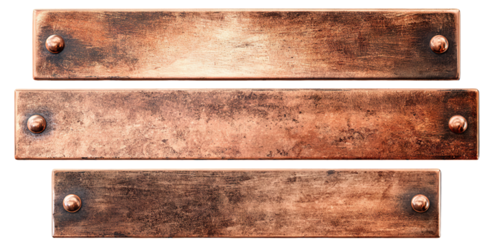 Set of vintage copper nameplates with grunge texture, isolated on transparent cutout background - Powered by Adobe