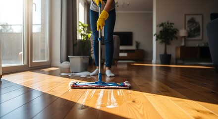 Person cleaning a shiny wooden floor with a mop in a sunlit room