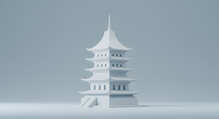 Serene Pagoda Structure: A minimalist, studio-style shot showcases a pristine, detailed model of a pagoda, reflecting a sense of tranquility and architectural elegance.
