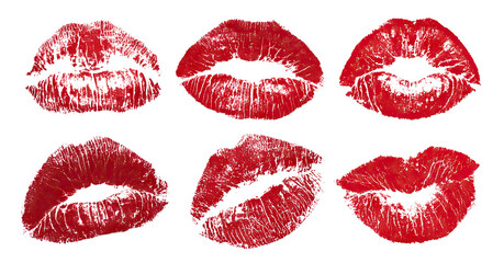 Set of red lipstick kiss marks, isolated on transparent cutout background