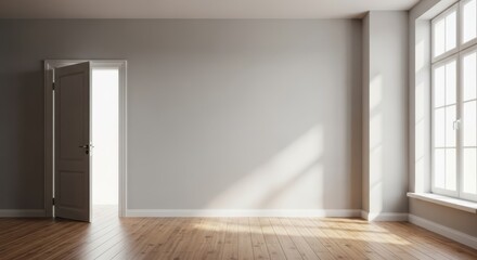 Fototapeta premium Empty room with open door and sunlight streaming through window
