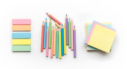Colorful pencils and sticky notes isolated on white background