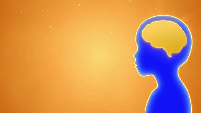 Kid with golden smart brain background, children study growth critical thinking concept, deep learning education development in young child, high Intelligence idea and creativity 3d animation