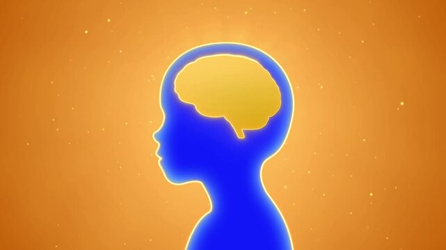 Kid with golden smart brain background, children study growth critical thinking concept, deep learning education development in young child, high Intelligence idea and creativity 3d animation