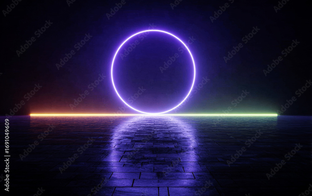 Poster neon circular light with colorful horizontal lines in dark background