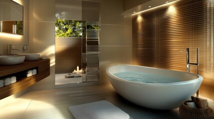 Luxurious bathroom retreat featuring a modern bathtub and spalike ambiance for relaxation and rejuvenation at home