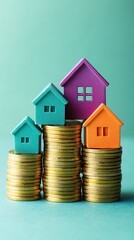 Colorful House Models on Stacks of Coins Depicting Property Investment and Appreciation