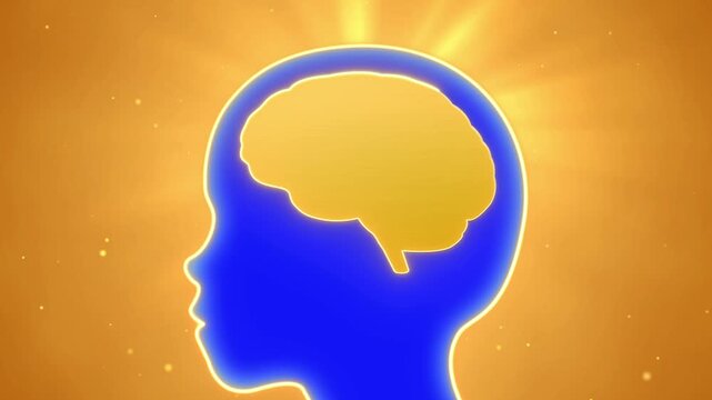 Kid with golden smart brain background, children study growth critical thinking concept, deep learning education development in young child, high Intelligence idea and creativity 3d animation