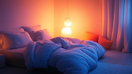 Cozy bedroom illuminated with warm orange and cool blue lighting creating a relaxing ambiance