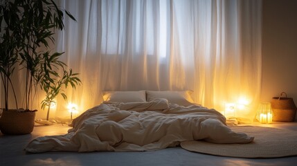 Cozy bedroom interior with soft lighting creating a relaxing and inviting atmosphere for rest and peaceful sleep