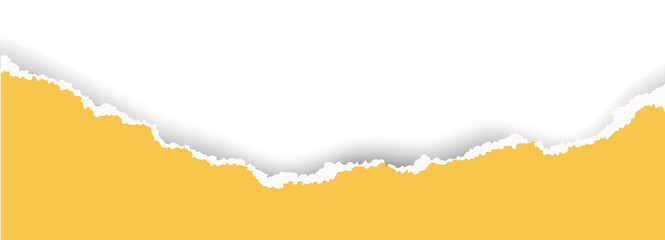 Ripped yellow paper with torn edges. Piece of teared sheet for frame, header and template design. Textured cutout shape for banner and collage. Rough stripe for scrapbooking.