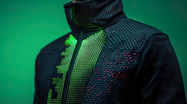 Smart clothing with integrated health data display screen fabric, glowing numbers, subtle texture, digital read-out