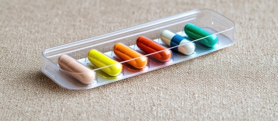 Colorful capsules in blister pack on neutral fabric background for health and wellness concepts