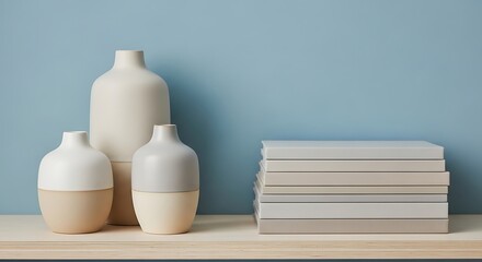 Neutral vases and books against a blue wall