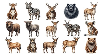 Fototapeta premium Collection of diverse wildlife animals rendered in a soft watercolor artistic style