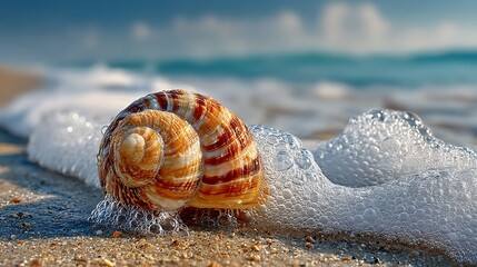 Exquisite seashell resting on sandy beach with gentle ocean waves in soft sunlight