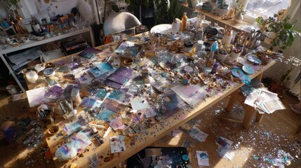 Cluttered artist's table, colorful papers, glitter, art supplies