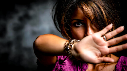 A woman holds her hand up to the camera to obscure her face in a dramatic low-key portrait. Concept of fear, privacy, or self-defense.