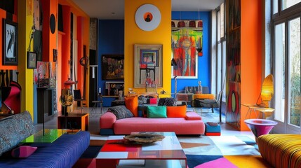 Vibrant living room showcases bold colors and modern art creating a stimulating and artistic interior design style