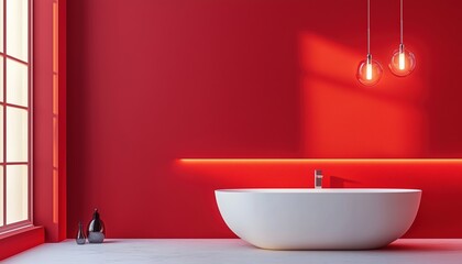 Elegant Modern Bathroom With White Sink On Red Wall, Enhanced By Chic Lighting. Ideal For Apartment Or Hotel Room Interior.