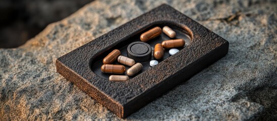 Assortment of capsules and pills in a rustic tray sitting on a textured stone surface in natural sunlight