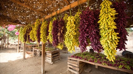 Colorful peppers hanging, drying under a canopy