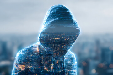 Digital Ghost: Hooded Figure Manifests from Glowing Cityscape Data Streams