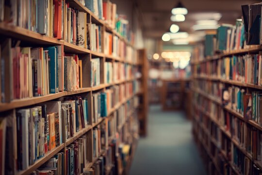 A library aisle lined with wooden shelves overflowing with books leads into a softly blurred background