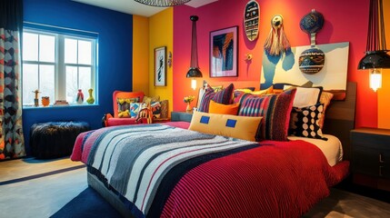 Vibrant bedroom interior featuring colorful walls and eclectic decor elements for a unique and stylish living space