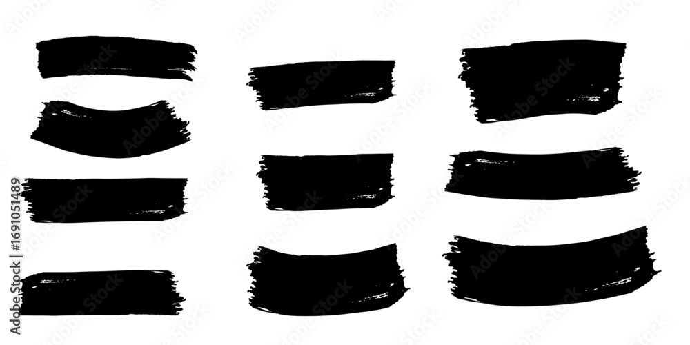 Poster collection of nine black brush stroke shapes with rough edges on a white background in a simple arra