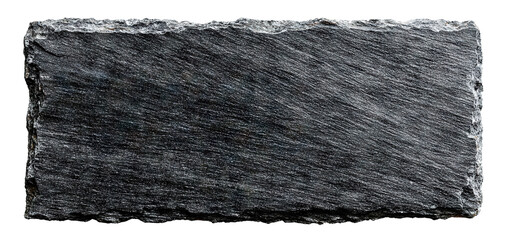 Single rectangular black slate plate with rough natural edges, isolated on transparent cutout background