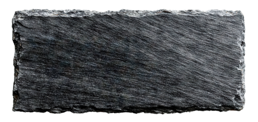 Single rectangular black slate plate with rough natural edges, isolated on transparent cutout background