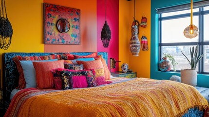 Vibrant bohemian bedroom with colorful walls textiles and eclectic decor creating a warm and inviting atmosphere