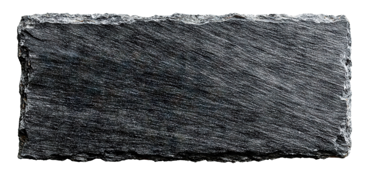 Single rectangular black slate plate with rough natural edges, isolated on transparent cutout background