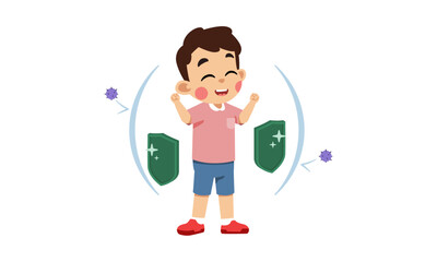 A happy child with arms raised, protected by shields, representing immunity and health.
