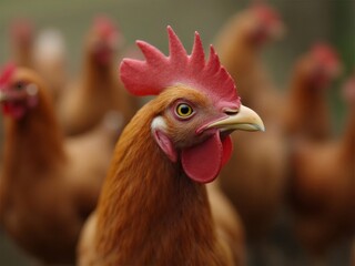 Fototapeta premium Close Up Portrait of a Brown Chicken with a Red Comb on a Farm with Many Chickens in Background