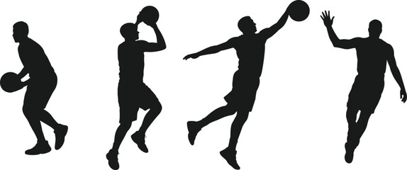  Basketball player silhouette vector, man playing basketball, slam dunk, dribbling, shooting, sports action poses, athlete training, fitness design, competition, game, professional sport