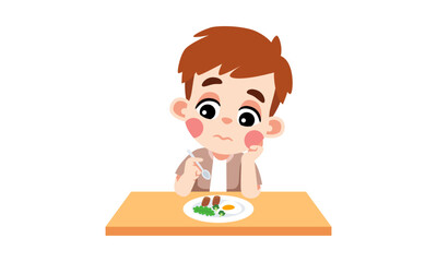 A boy looking unhappy while sitting at a table with a plate of food in front of him.