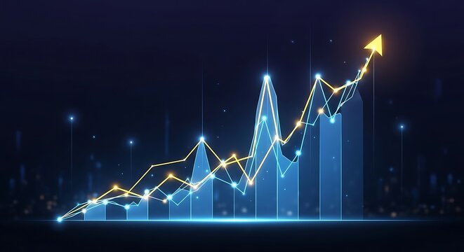 A dynamic illustration of a rising trend graph, featuring glowing blue and gold lines and points, against a dark backdrop.